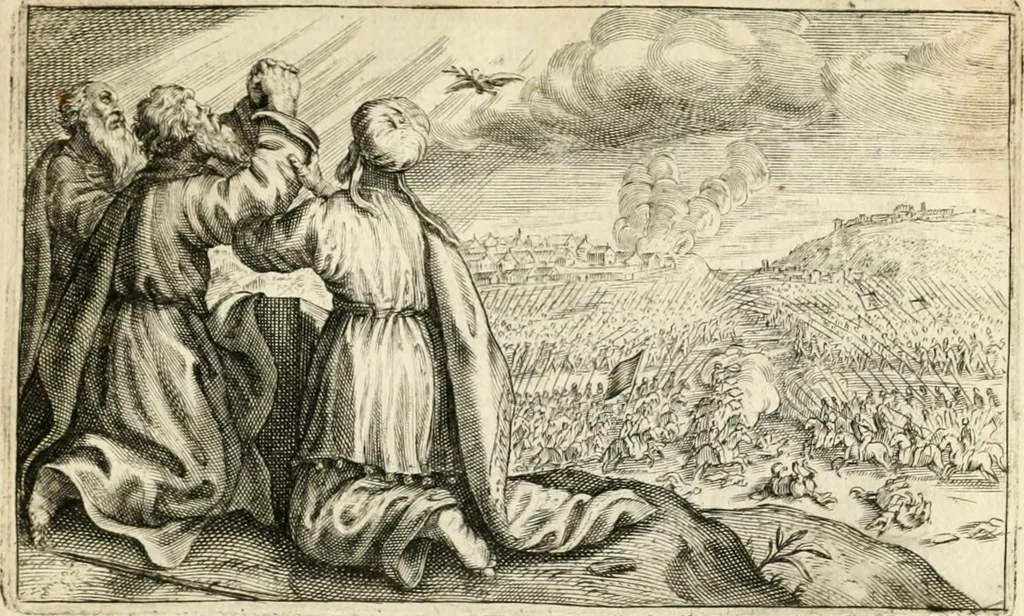An illustration from Den onderganck des roomschen arents door den noordschen leeuw : af-ghebeeldt in verscheyden konstige figuren, met sin-rijcke verklaringhen der selver, beydes in en buyten rijm ... met een verhael van den doodt des koninghs, 1642, leaf 94