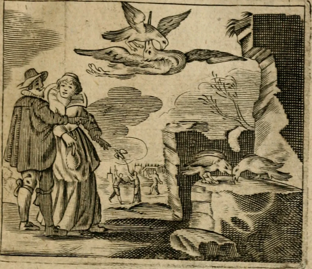 An illustration from Spiegel van den ouden ende nieuwen-tijt : bestaende uyt spreeck-woorden, ontleent van de voorige ende jegenwoordige eeuwe, verlustigt door menichte van sinne-beelden, met gedichten en prenten daer op passende, 1648, leaf 104