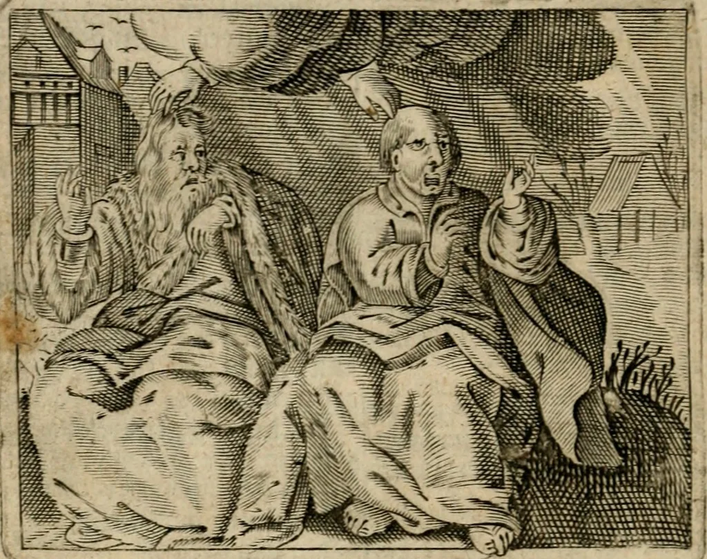 An illustration from Spiegel van den ouden ende nieuwen-tijt : bestaende uyt spreeck-woorden, ontleent van de voorige ende jegenwoordige eeuwe, verlustigt door menichte van sinne-beelden, met gedichten en prenten daer op passende, 1648, leaf 165