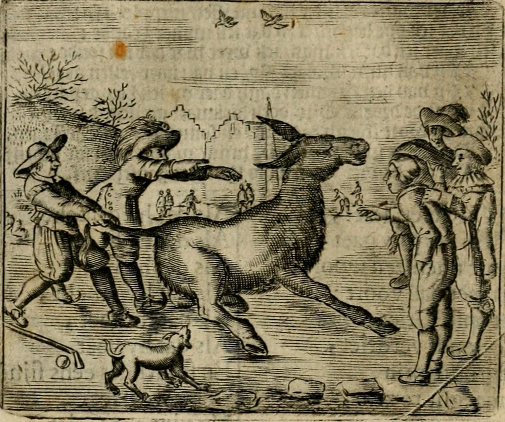 An illustration from Spiegel van den ouden ende nieuwen-tijt : bestaende uyt spreeck-woorden, ontleent van de voorige ende jegenwoordige eeuwe, verlustigt door menichte van sinne-beelden, met gedichten en prenten daer op passende, 1648, leaf 173