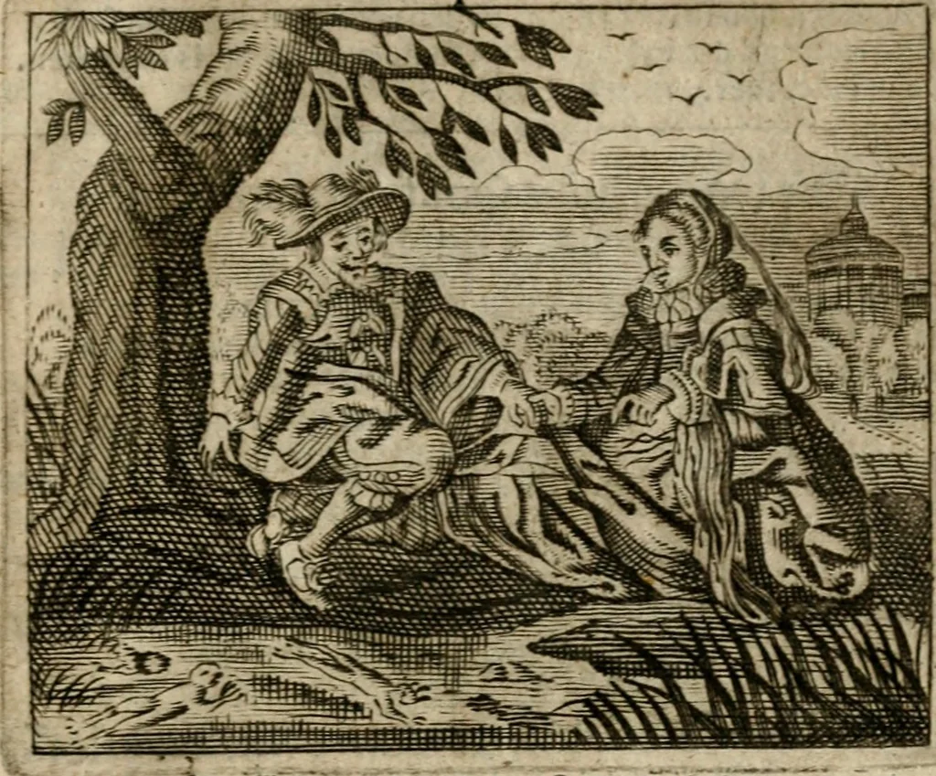 An illustration from Spiegel van den ouden ende nieuwen-tijt : bestaende uyt spreeck-woorden, ontleent van de voorige ende jegenwoordige eeuwe, verlustigt door menichte van sinne-beelden, met gedichten en prenten daer op passende, 1648, leaf 200