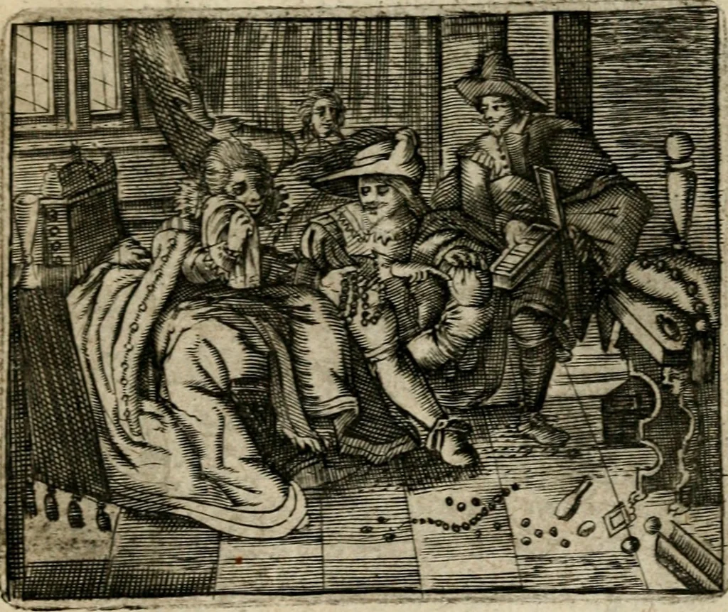 An illustration from Spiegel van den ouden ende nieuwen-tijt : bestaende uyt spreeck-woorden, ontleent van de voorige ende jegenwoordige eeuwe, verlustigt door menichte van sinne-beelden, met gedichten en prenten daer op passende, 1648, leaf 228