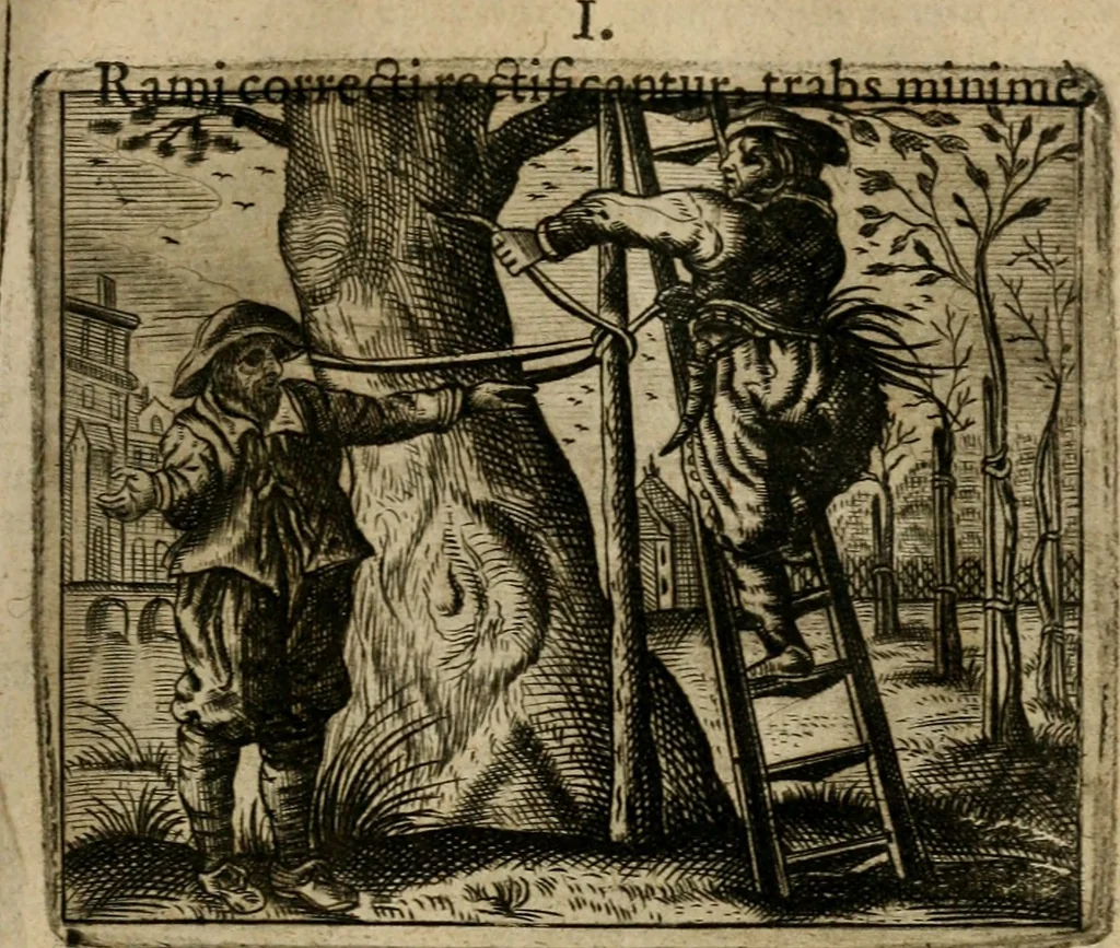 An illustration from Spiegel van den ouden ende nieuwen-tijt : bestaende uyt spreeck-woorden, ontleent van de voorige ende jegenwoordige eeuwe, verlustigt door menichte van sinne-beelden, met gedichten en prenten daer op passende, 1648, leaf 24