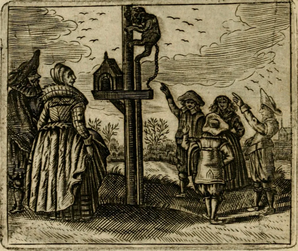 An illustration from Spiegel van den ouden ende nieuwen-tijt : bestaende uyt spreeck-woorden, ontleent van de voorige ende jegenwoordige eeuwe, verlustigt door menichte van sinne-beelden, met gedichten en prenten daer op passende, 1648, leaf 241