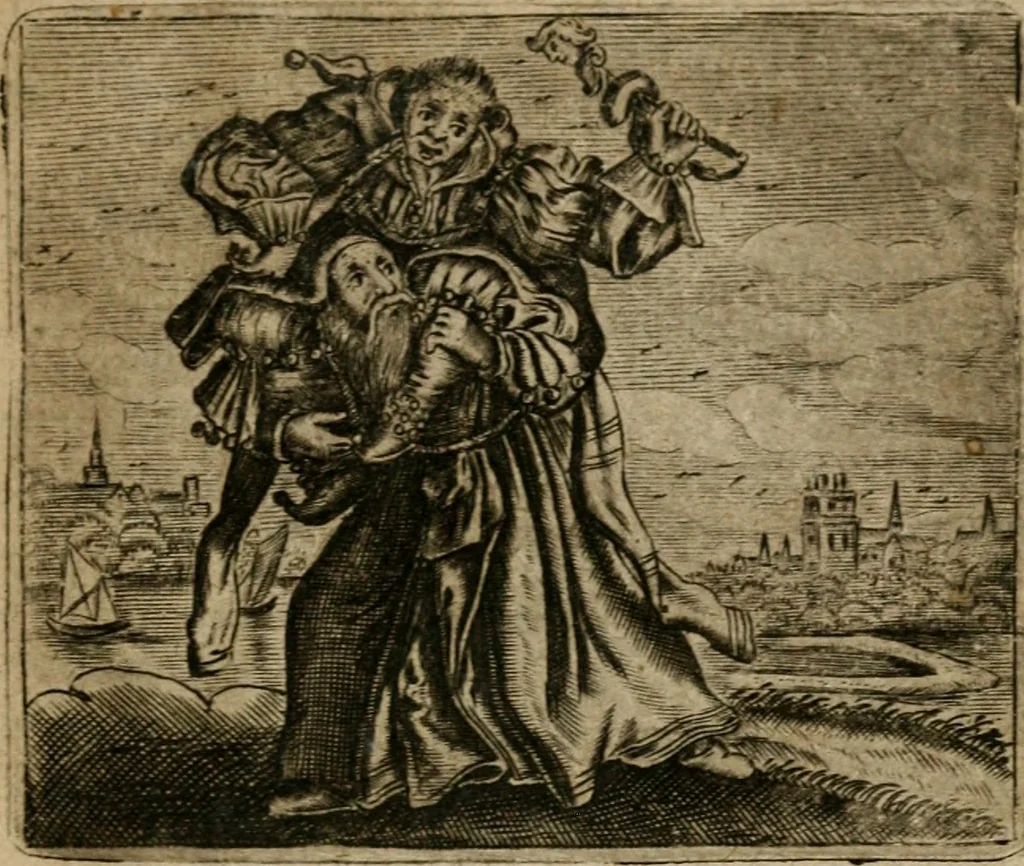 An illustration from Spiegel van den ouden ende nieuwen-tijt : bestaende uyt spreeck-woorden, ontleent van de voorige ende jegenwoordige eeuwe, verlustigt door menichte van sinne-beelden, met gedichten en prenten daer op passende, 1648, leaf 246