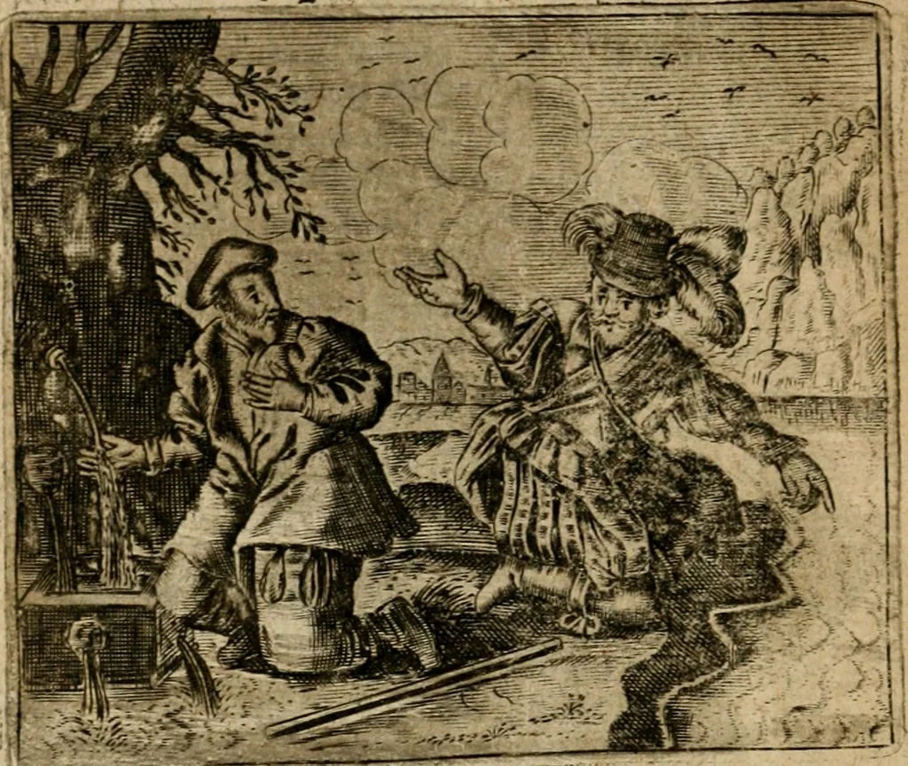 An illustration from Spiegel van den ouden ende nieuwen-tijt : bestaende uyt spreeck-woorden, ontleent van de voorige ende jegenwoordige eeuwe, verlustigt door menichte van sinne-beelden, met gedichten en prenten daer op passende, 1648, leaf 253