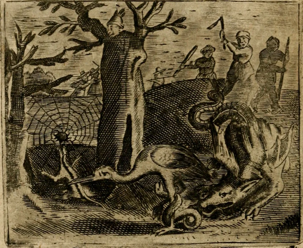 An illustration from Spiegel van den ouden ende nieuwen-tijt : bestaende uyt spreeck-woorden, ontleent van de voorige ende jegenwoordige eeuwe, verlustigt door menichte van sinne-beelden, met gedichten en prenten daer op passende, 1648, leaf 257