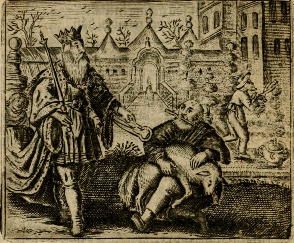 An illustration from Spiegel van den ouden ende nieuwen-tijt : bestaende uyt spreeck-woorden, ontleent van de voorige ende jegenwoordige eeuwe, verlustigt door menichte van sinne-beelden, met gedichten en prenten daer op passende, 1648, leaf 265