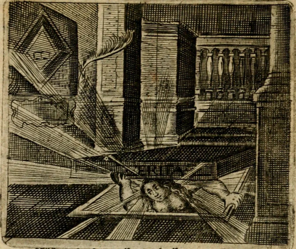 An illustration from Spiegel van den ouden ende nieuwen-tijt : bestaende uyt spreeck-woorden, ontleent van de voorige ende jegenwoordige eeuwe, verlustigt door menichte van sinne-beelden, met gedichten en prenten daer op passende, 1648, leaf 267