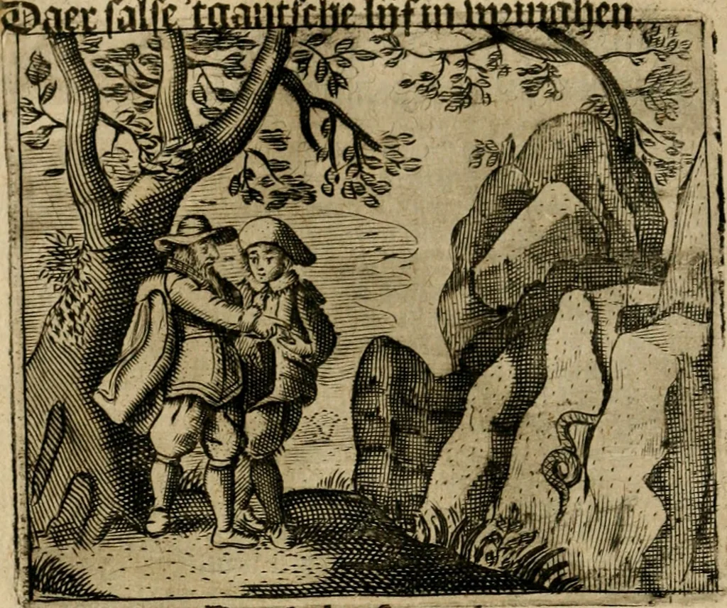 An illustration from Spiegel van den ouden ende nieuwen-tijt : bestaende uyt spreeck-woorden, ontleent van de voorige ende jegenwoordige eeuwe, verlustigt door menichte van sinne-beelden, met gedichten en prenten daer op passende, 1648, leaf 29