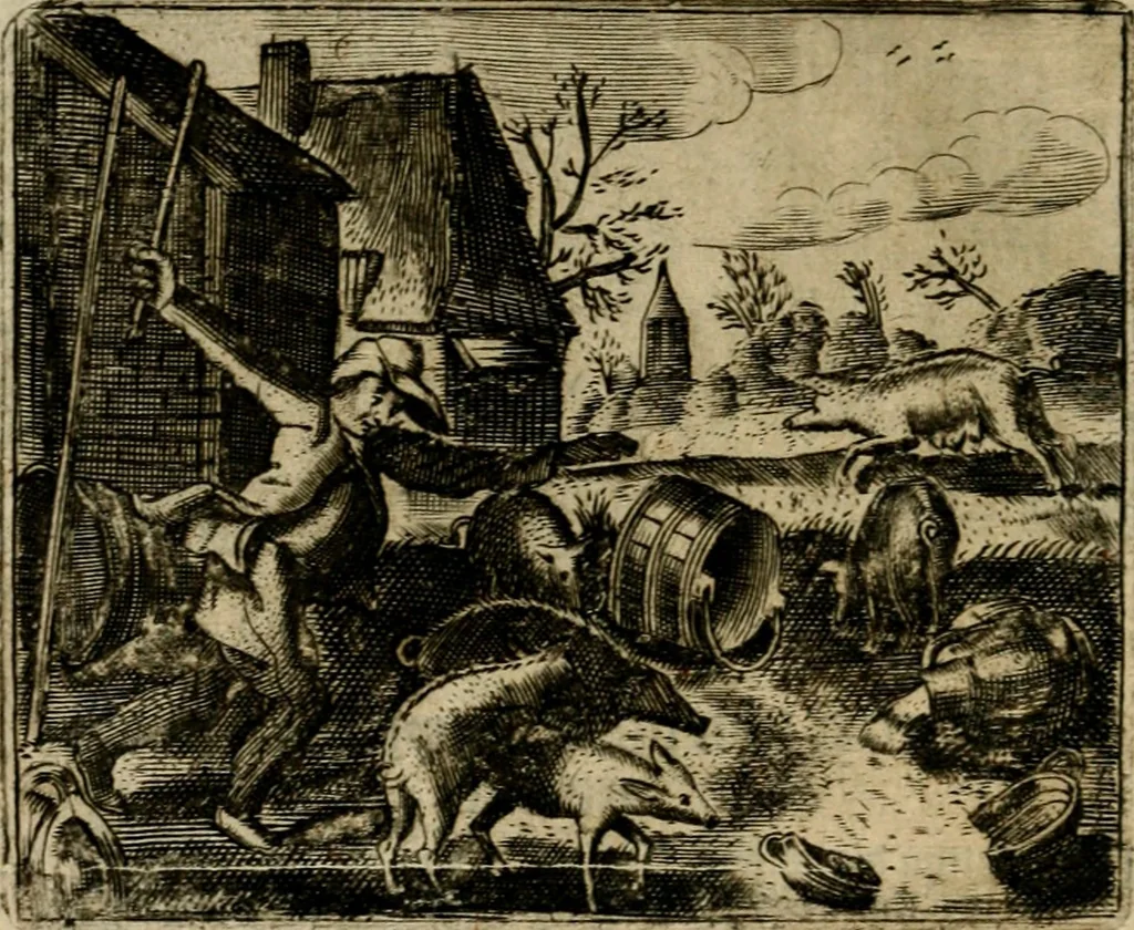 An illustration from Spiegel van den ouden ende nieuwen-tijt : bestaende uyt spreeck-woorden, ontleent van de voorige ende jegenwoordige eeuwe, verlustigt door menichte van sinne-beelden, met gedichten en prenten daer op passende, 1648, leaf 299
