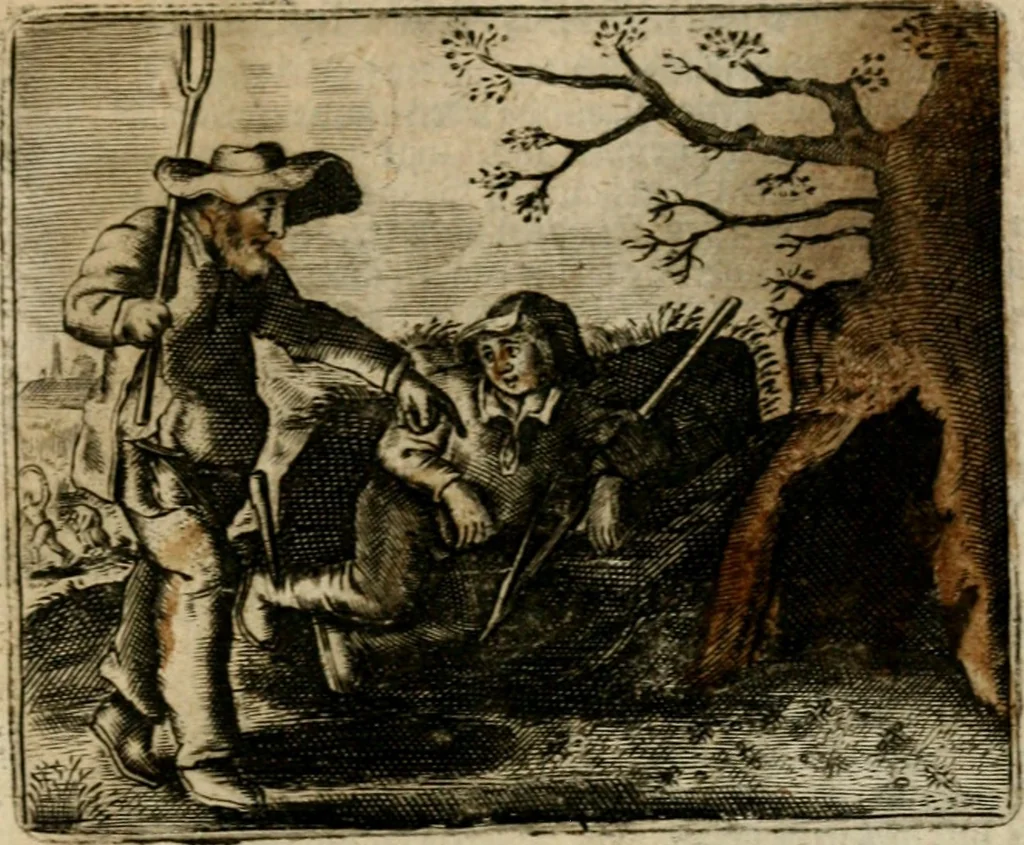 An illustration from Spiegel van den ouden ende nieuwen-tijt : bestaende uyt spreeck-woorden, ontleent van de voorige ende jegenwoordige eeuwe, verlustigt door menichte van sinne-beelden, met gedichten en prenten daer op passende, 1648, leaf 308