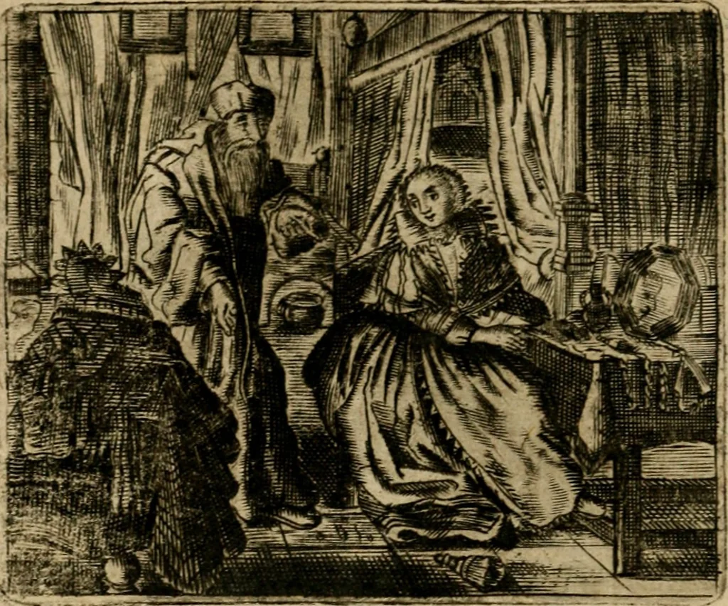 An illustration from Spiegel van den ouden ende nieuwen-tijt : bestaende uyt spreeck-woorden, ontleent van de voorige ende jegenwoordige eeuwe, verlustigt door menichte van sinne-beelden, met gedichten en prenten daer op passende, 1648, leaf 31