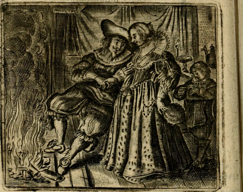An illustration from Spiegel van den ouden ende nieuwen-tijt : bestaende uyt spreeck-woorden, ontleent van de voorige ende jegenwoordige eeuwe, verlustigt door menichte van sinne-beelden, met gedichten en prenten daer op passende, 1648, leaf 77