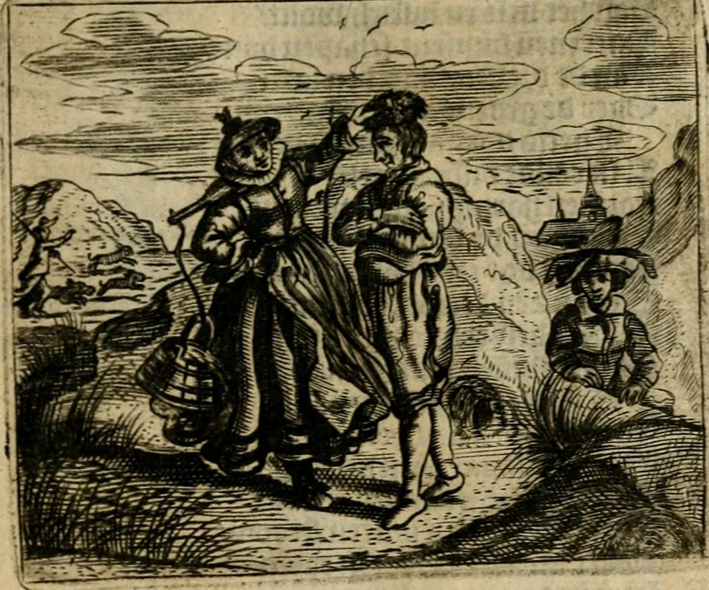 An illustration from Spiegel van den ouden ende nieuwen-tijt : bestaende uyt spreeck-woorden, ontleent van de voorige ende jegenwoordige eeuwe, verlustigt door menichte van sinne-beelden, met gedichten en prenten daer op passende, 1648, leaf 80