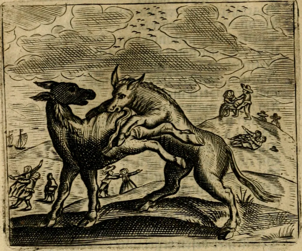 An illustration from Spiegel van den ouden ende nieuwen-tijt : bestaende uyt spreeck-woorden, ontleent van de voorige ende jegenwoordige eeuwe, verlustigt door menichte van sinne-beelden, met gedichten en prenten daer op passende, 1648, leaf 83