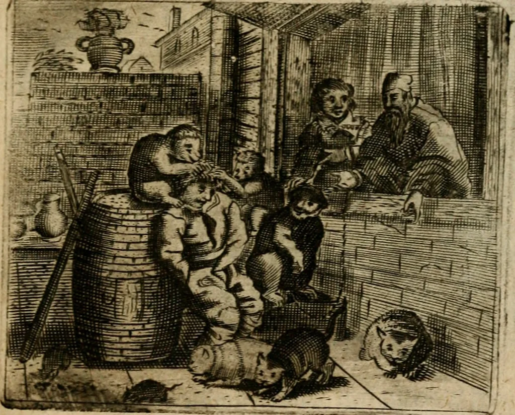 An illustration from Spiegel van den ouden ende nieuwen-tijt : bestaende uyt spreeck-woorden, ontleent van de voorige ende jegenwoordige eeuwe, verlustigt door menichte van sinne-beelden, met gedichten en prenten daer op passende, 1648, leaf 90