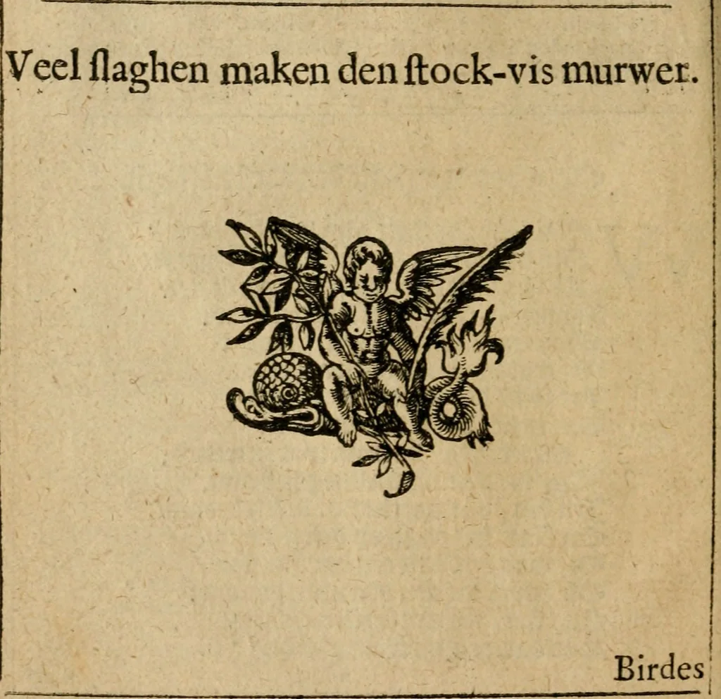 An illustration from Spiegel van den ouden ende nieuwen-tijt : bestaende uyt spreeck-woorden, ontleent van de voorige ende jegenwoordige eeuwe, verlustigt door menichte van sinne-beelden, met gedichten en prenten daer op passende, 1648, leaf 95