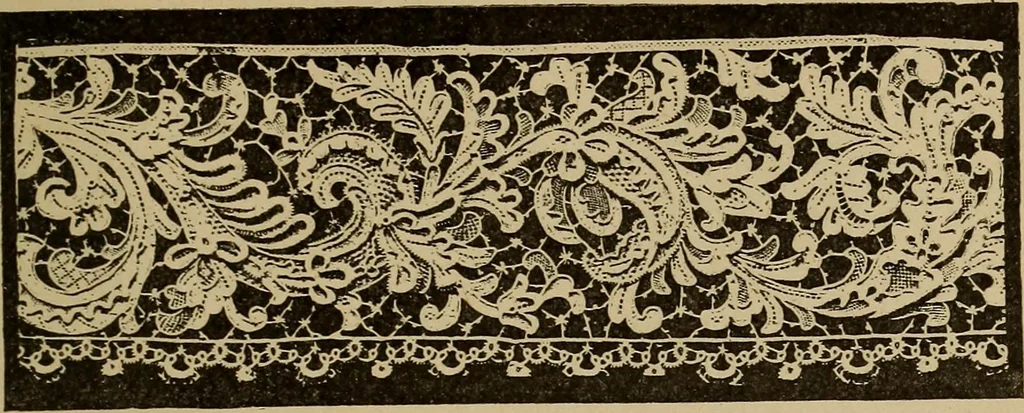 An illustration from Dentelles et guipures : anciennes et modernes, imitations ou copies. Varieté des genres et des points. 52 portraits documentaires, 249 échantillons de dentelles, collerettes, fraises, manchettes, rabats, etc., 1904, leaf 101