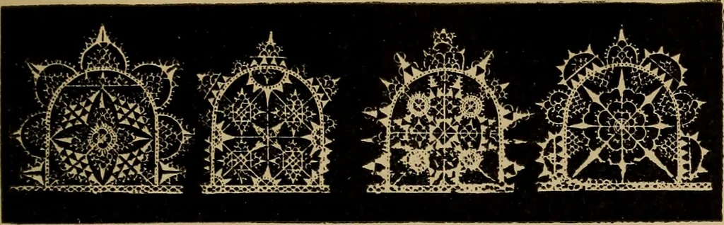 An illustration from Dentelles et guipures : anciennes et modernes, imitations ou copies. Varieté des genres et des points. 52 portraits documentaires, 249 échantillons de dentelles, collerettes, fraises, manchettes, rabats, etc., 1904, leaf 143
