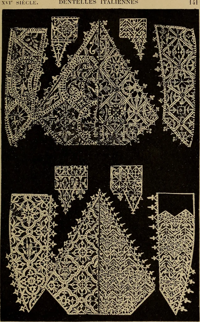An illustration from Dentelles et guipures : anciennes et modernes, imitations ou copies. Varieté des genres et des points. 52 portraits documentaires, 249 échantillons de dentelles, collerettes, fraises, manchettes, rabats, etc., 1904, leaf 149