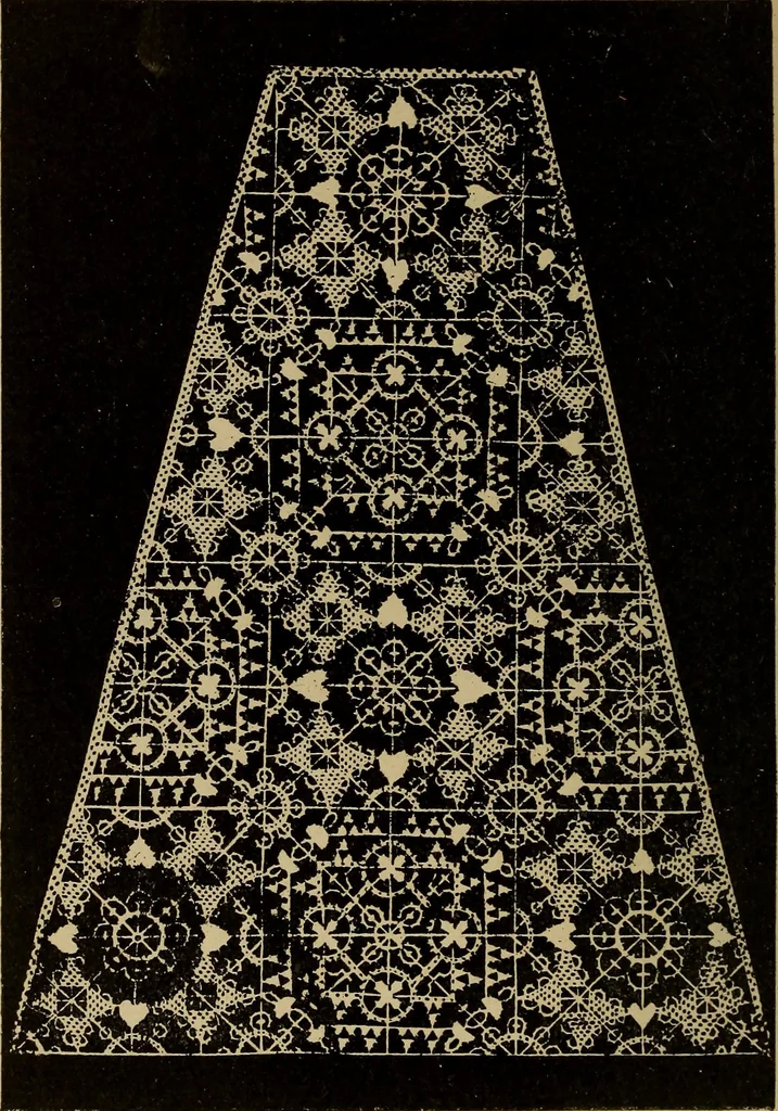 An illustration from Dentelles et guipures : anciennes et modernes, imitations ou copies. Varieté des genres et des points. 52 portraits documentaires, 249 échantillons de dentelles, collerettes, fraises, manchettes, rabats, etc., 1904, leaf 150