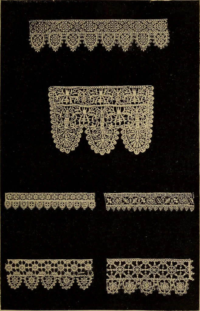 An illustration from Dentelles et guipures : anciennes et modernes, imitations ou copies. Varieté des genres et des points. 52 portraits documentaires, 249 échantillons de dentelles, collerettes, fraises, manchettes, rabats, etc., 1904, leaf 151