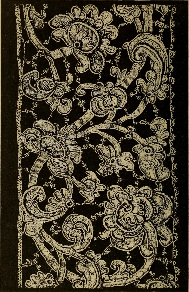 An illustration from Dentelles et guipures : anciennes et modernes, imitations ou copies. Varieté des genres et des points. 52 portraits documentaires, 249 échantillons de dentelles, collerettes, fraises, manchettes, rabats, etc., 1904, leaf 152