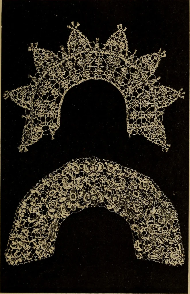 An illustration from Dentelles et guipures : anciennes et modernes, imitations ou copies. Varieté des genres et des points. 52 portraits documentaires, 249 échantillons de dentelles, collerettes, fraises, manchettes, rabats, etc., 1904, leaf 153