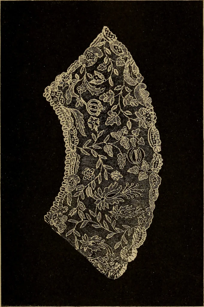 An illustration from Dentelles et guipures : anciennes et modernes, imitations ou copies. Varieté des genres et des points. 52 portraits documentaires, 249 échantillons de dentelles, collerettes, fraises, manchettes, rabats, etc., 1904, leaf 155
