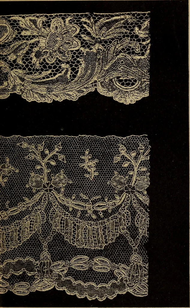 An illustration from Dentelles et guipures : anciennes et modernes, imitations ou copies. Varieté des genres et des points. 52 portraits documentaires, 249 échantillons de dentelles, collerettes, fraises, manchettes, rabats, etc., 1904, leaf 157