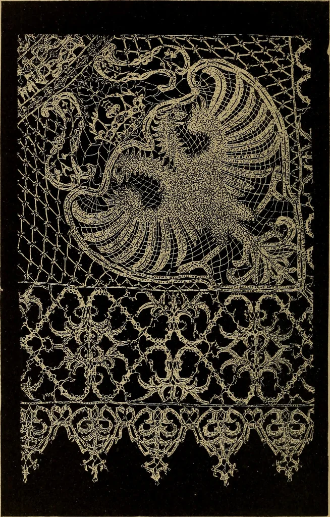 An illustration from Dentelles et guipures : anciennes et modernes, imitations ou copies. Varieté des genres et des points. 52 portraits documentaires, 249 échantillons de dentelles, collerettes, fraises, manchettes, rabats, etc., 1904, leaf 160