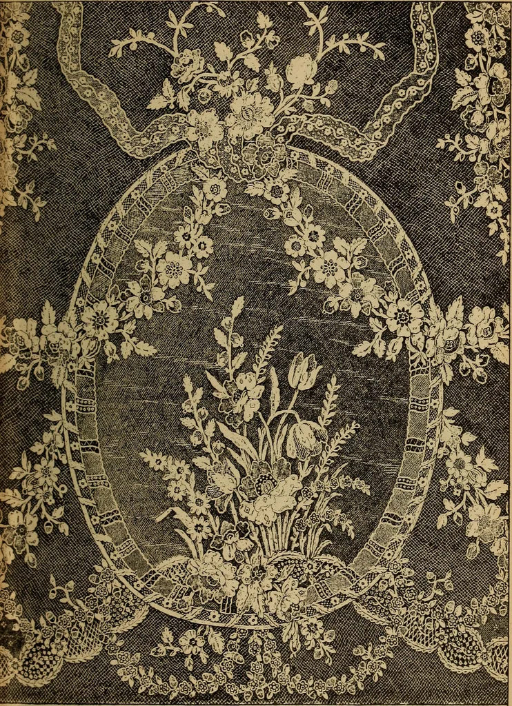 An illustration from Dentelles et guipures : anciennes et modernes, imitations ou copies. Varieté des genres et des points. 52 portraits documentaires, 249 échantillons de dentelles, collerettes, fraises, manchettes, rabats, etc., 1904, leaf 165