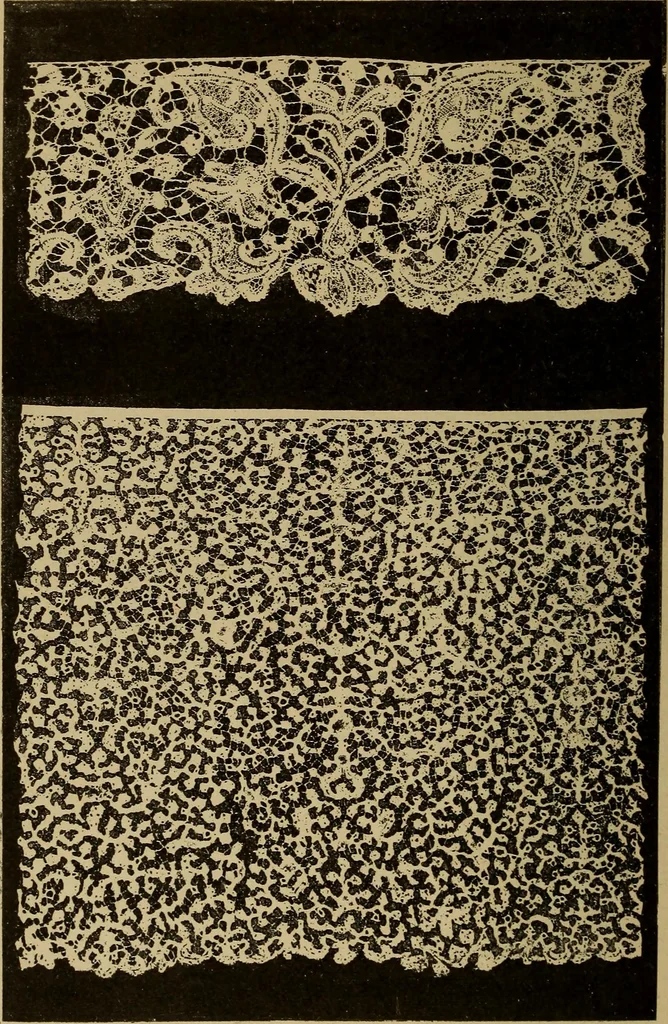 An illustration from Dentelles et guipures : anciennes et modernes, imitations ou copies. Varieté des genres et des points. 52 portraits documentaires, 249 échantillons de dentelles, collerettes, fraises, manchettes, rabats, etc., 1904, leaf 176