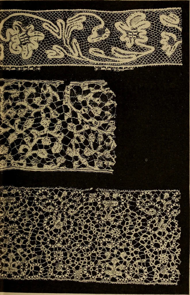 An illustration from Dentelles et guipures : anciennes et modernes, imitations ou copies. Varieté des genres et des points. 52 portraits documentaires, 249 échantillons de dentelles, collerettes, fraises, manchettes, rabats, etc., 1904, leaf 179