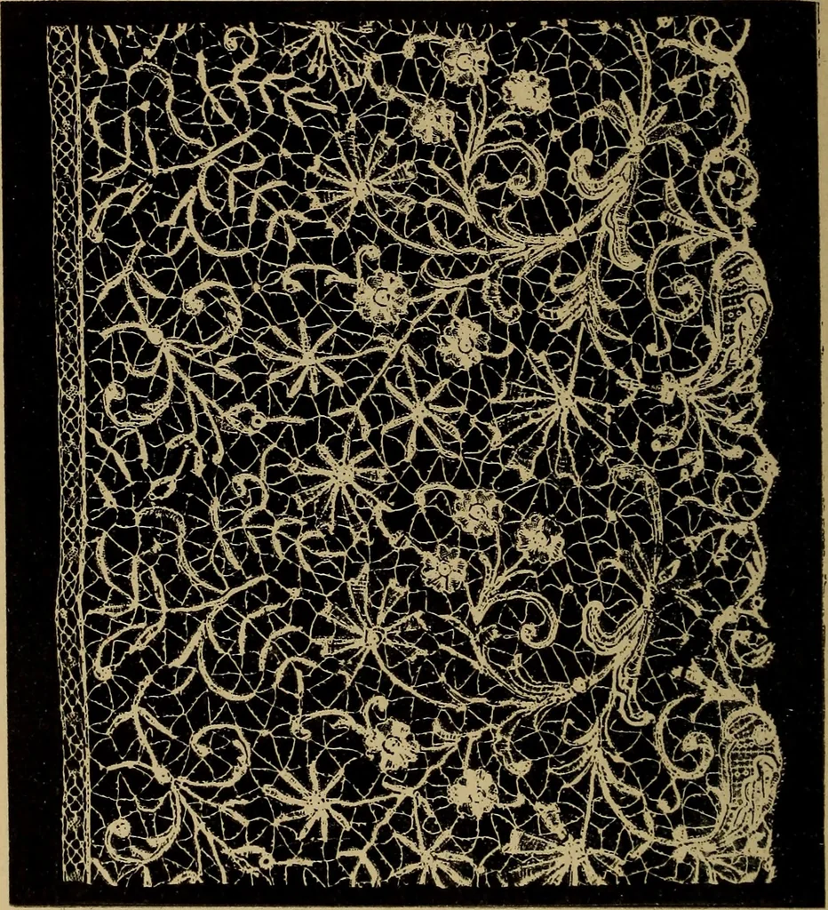 An illustration from Dentelles et guipures : anciennes et modernes, imitations ou copies. Varieté des genres et des points. 52 portraits documentaires, 249 échantillons de dentelles, collerettes, fraises, manchettes, rabats, etc., 1904, leaf 182