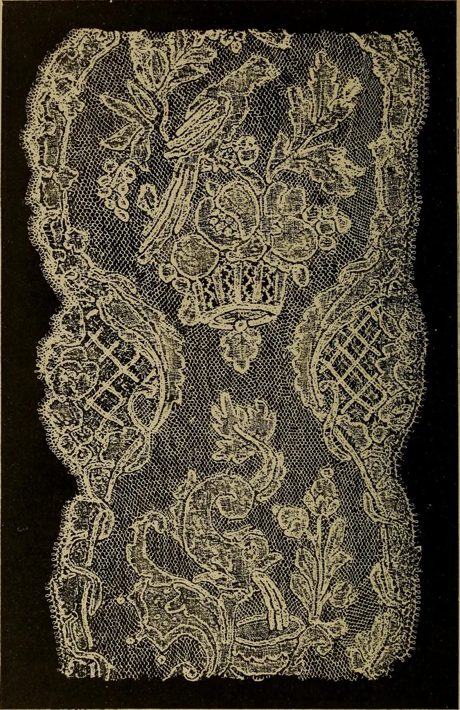An illustration from Dentelles et guipures : anciennes et modernes, imitations ou copies. Varieté des genres et des points. 52 portraits documentaires, 249 échantillons de dentelles, collerettes, fraises, manchettes, rabats, etc., 1904, leaf 184