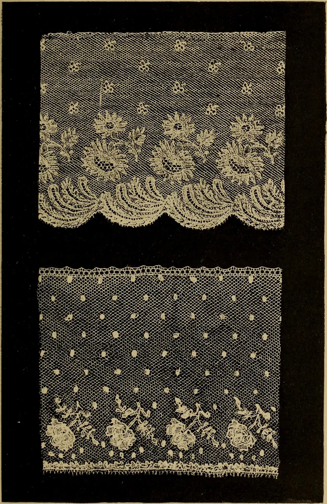 An illustration from Dentelles et guipures : anciennes et modernes, imitations ou copies. Varieté des genres et des points. 52 portraits documentaires, 249 échantillons de dentelles, collerettes, fraises, manchettes, rabats, etc., 1904, leaf 185