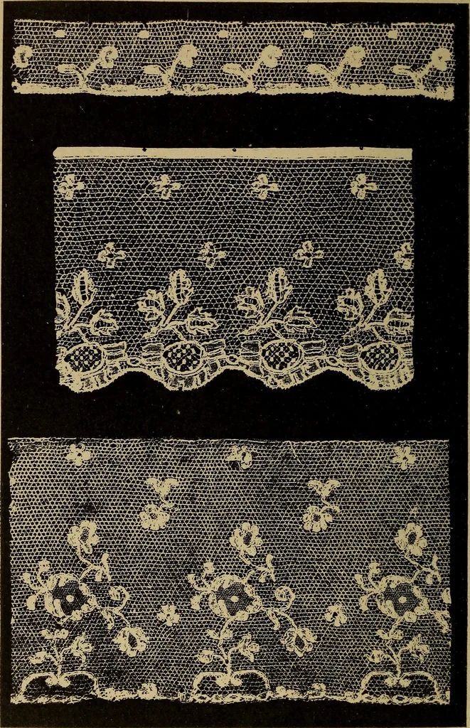 An illustration from Dentelles et guipures : anciennes et modernes, imitations ou copies. Varieté des genres et des points. 52 portraits documentaires, 249 échantillons de dentelles, collerettes, fraises, manchettes, rabats, etc., 1904, leaf 186