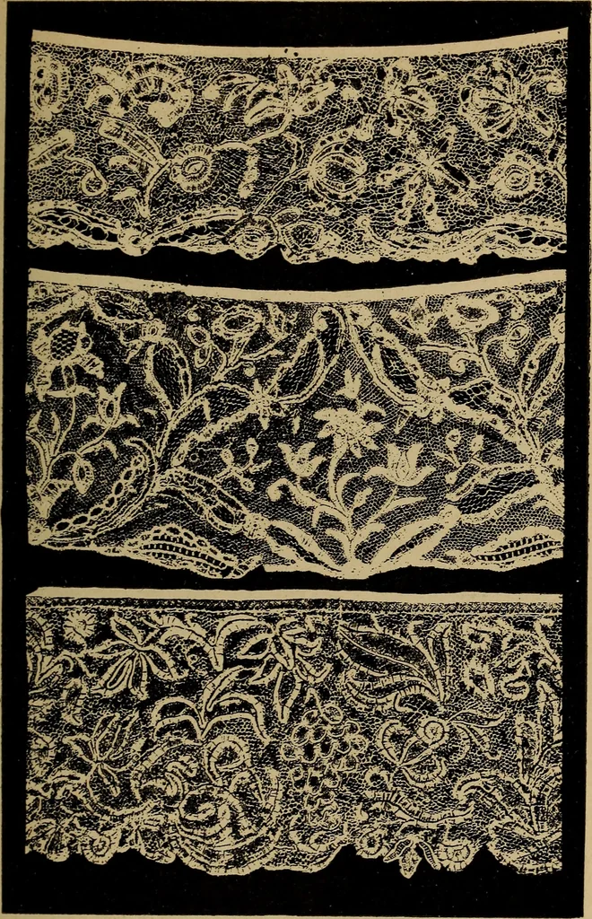 An illustration from Dentelles et guipures : anciennes et modernes, imitations ou copies. Varieté des genres et des points. 52 portraits documentaires, 249 échantillons de dentelles, collerettes, fraises, manchettes, rabats, etc., 1904, leaf 187