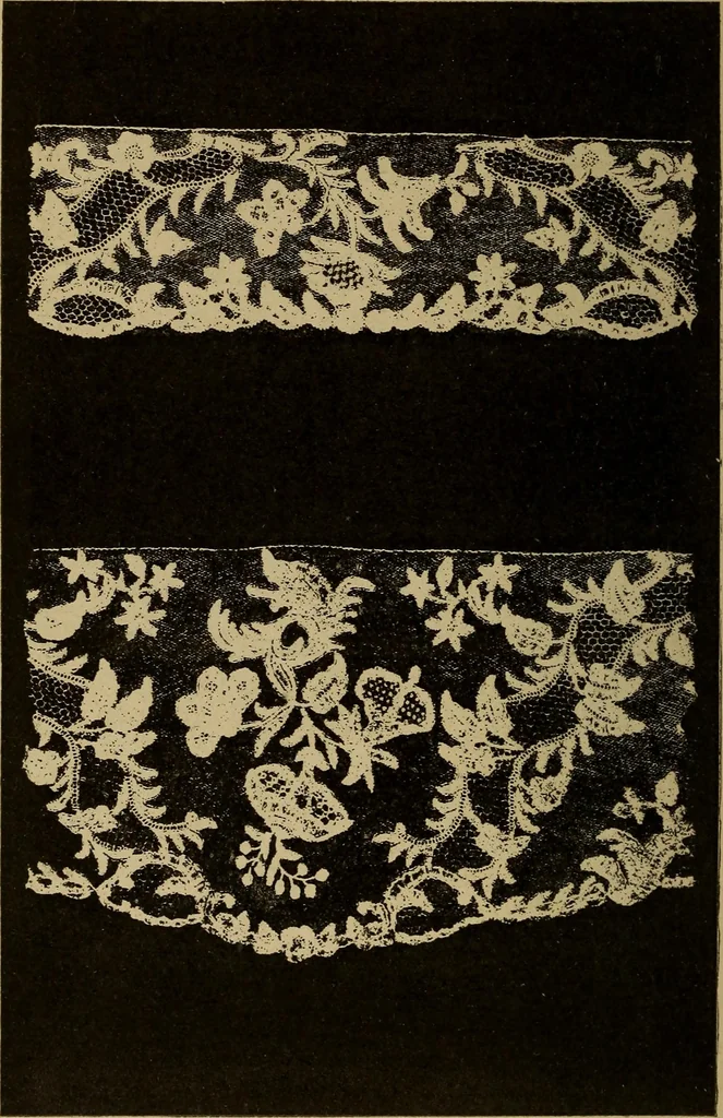 An illustration from Dentelles et guipures : anciennes et modernes, imitations ou copies. Varieté des genres et des points. 52 portraits documentaires, 249 échantillons de dentelles, collerettes, fraises, manchettes, rabats, etc., 1904, leaf 188