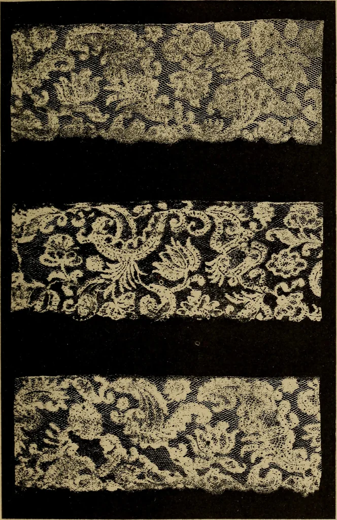 An illustration from Dentelles et guipures : anciennes et modernes, imitations ou copies. Varieté des genres et des points. 52 portraits documentaires, 249 échantillons de dentelles, collerettes, fraises, manchettes, rabats, etc., 1904, leaf 189