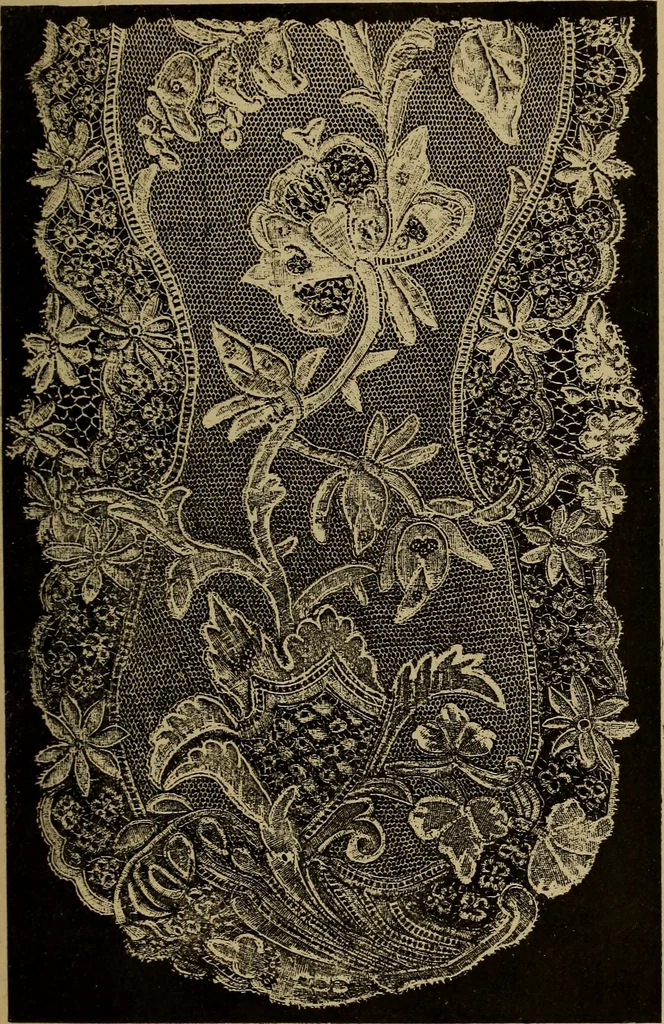 An illustration from Dentelles et guipures : anciennes et modernes, imitations ou copies. Varieté des genres et des points. 52 portraits documentaires, 249 échantillons de dentelles, collerettes, fraises, manchettes, rabats, etc., 1904, leaf 191