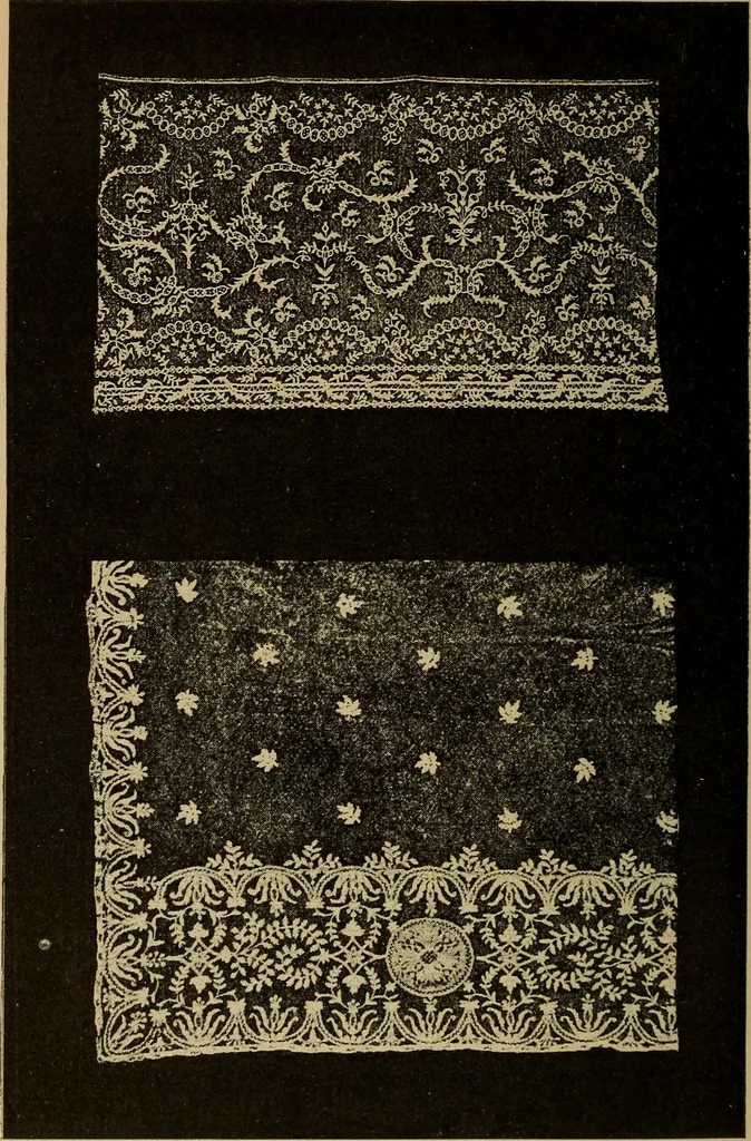 An illustration from Dentelles et guipures : anciennes et modernes, imitations ou copies. Varieté des genres et des points. 52 portraits documentaires, 249 échantillons de dentelles, collerettes, fraises, manchettes, rabats, etc., 1904, leaf 192