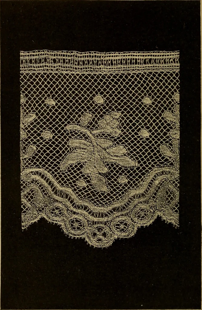 An illustration from Dentelles et guipures : anciennes et modernes, imitations ou copies. Varieté des genres et des points. 52 portraits documentaires, 249 échantillons de dentelles, collerettes, fraises, manchettes, rabats, etc., 1904, leaf 194