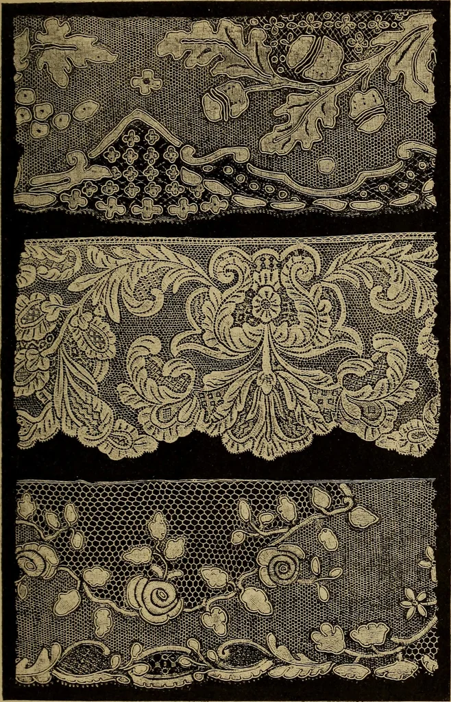 An illustration from Dentelles et guipures : anciennes et modernes, imitations ou copies. Varieté des genres et des points. 52 portraits documentaires, 249 échantillons de dentelles, collerettes, fraises, manchettes, rabats, etc., 1904, leaf 195