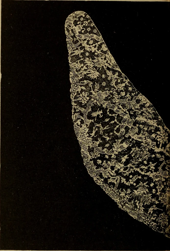 An illustration from Dentelles et guipures : anciennes et modernes, imitations ou copies. Varieté des genres et des points. 52 portraits documentaires, 249 échantillons de dentelles, collerettes, fraises, manchettes, rabats, etc., 1904, leaf 196