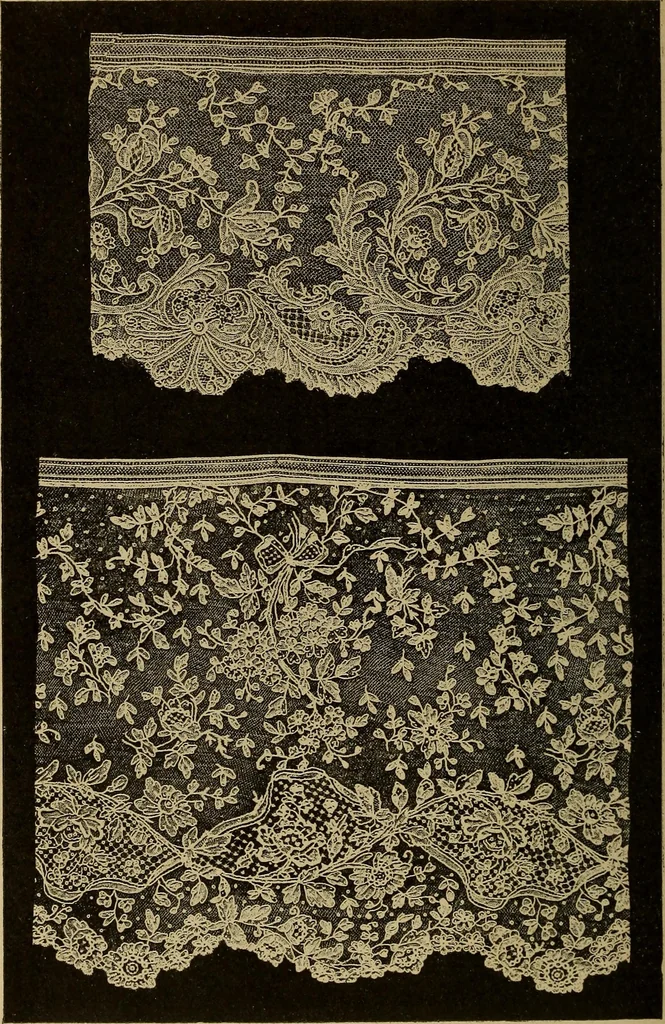 An illustration from Dentelles et guipures : anciennes et modernes, imitations ou copies. Varieté des genres et des points. 52 portraits documentaires, 249 échantillons de dentelles, collerettes, fraises, manchettes, rabats, etc., 1904, leaf 200