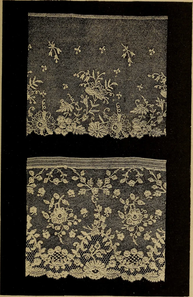 An illustration from Dentelles et guipures : anciennes et modernes, imitations ou copies. Varieté des genres et des points. 52 portraits documentaires, 249 échantillons de dentelles, collerettes, fraises, manchettes, rabats, etc., 1904, leaf 201