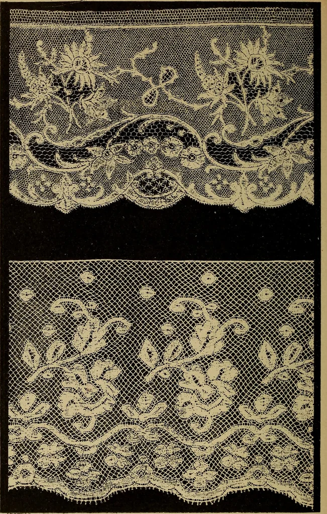 An illustration from Dentelles et guipures : anciennes et modernes, imitations ou copies. Varieté des genres et des points. 52 portraits documentaires, 249 échantillons de dentelles, collerettes, fraises, manchettes, rabats, etc., 1904, leaf 202